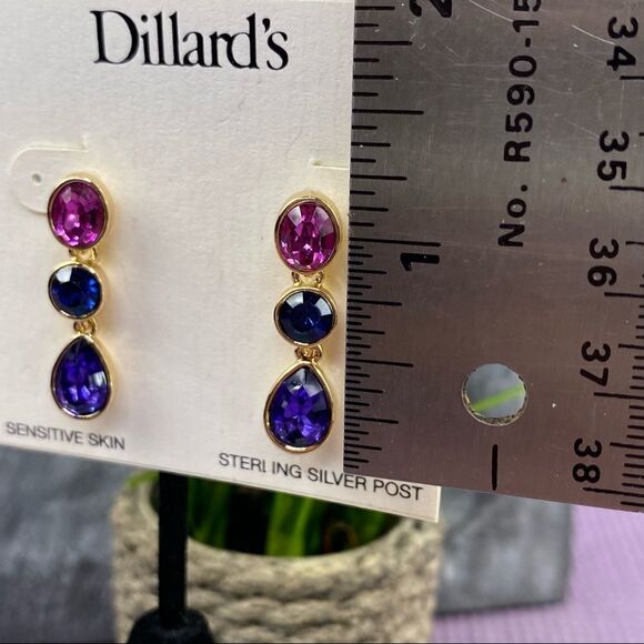 Dillard’s Tri Color Dangle Chandelier Earrings Pink Blue Purple - Picture 5 of 7